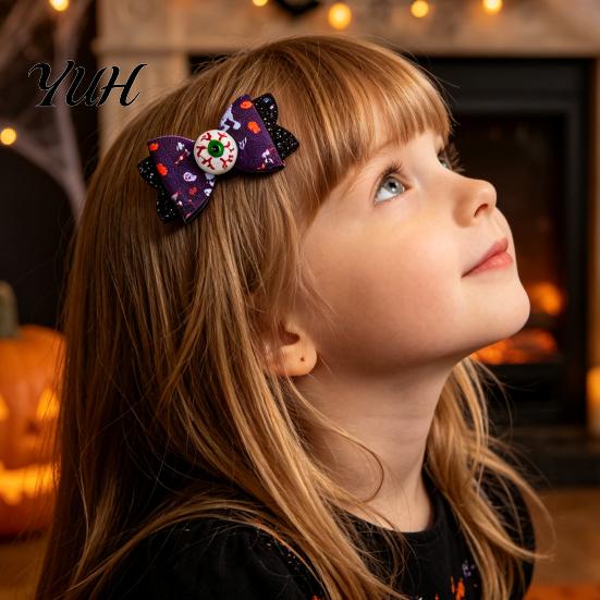 Cute Halloween Hair Accessories Glitter Bow Clips for Kids Baby Girls, Double Layer Party Dress Up Supplies Ghost/Pumpkin/Eyeball Bowtie Pins