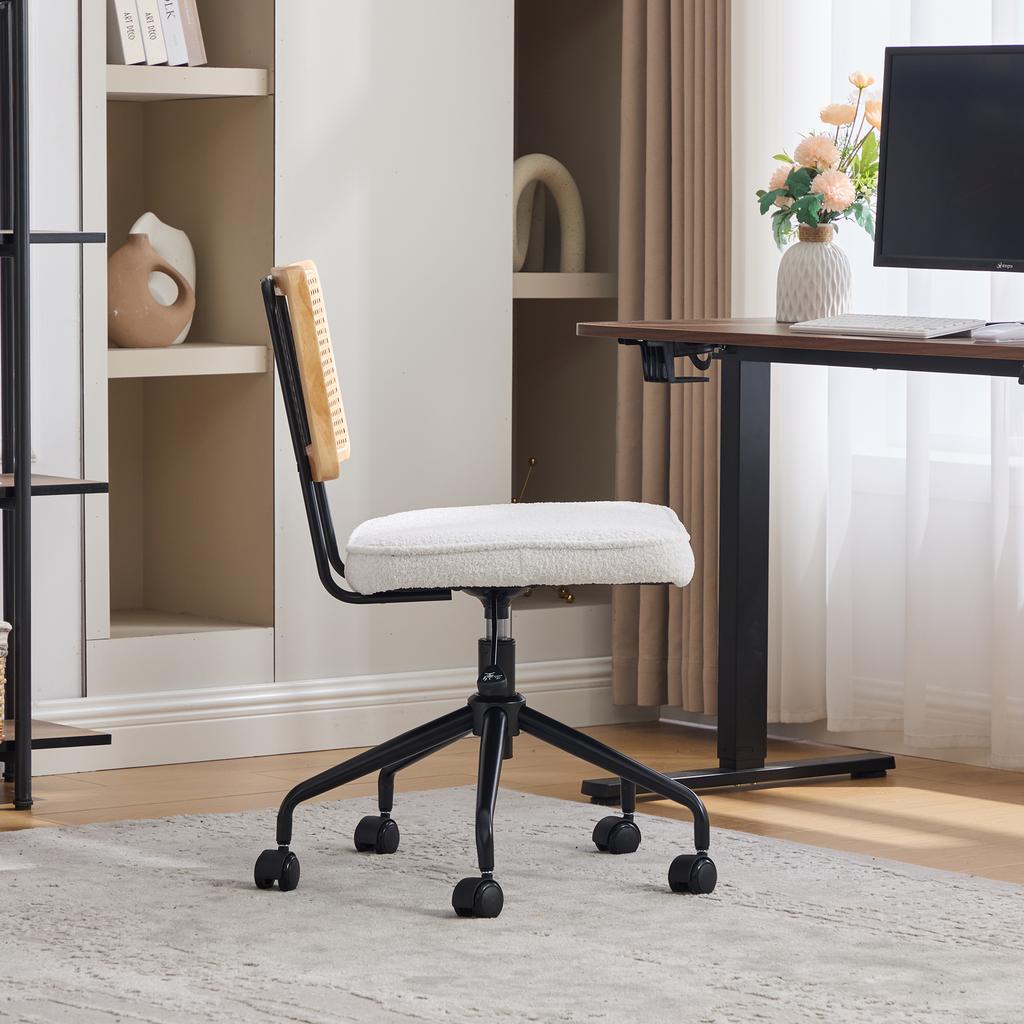Vintage Rattan Office Chair with Wheels - Adjustable Swivel Desk Chair with Chenille Fabric Seat & Wooden Frame for Home Office, Living Room (Ivory)