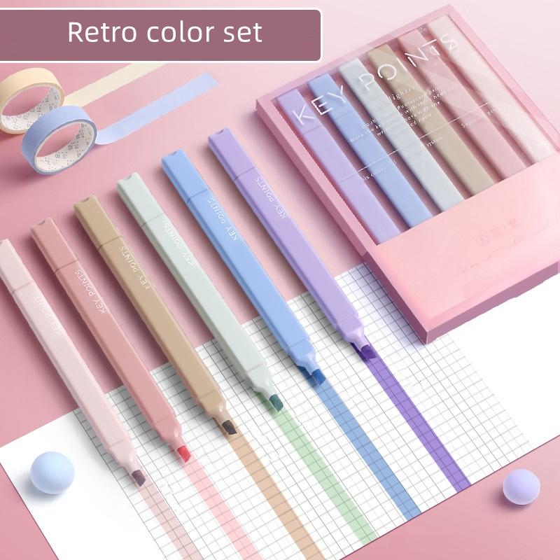 Juego de 6 Rotuladores Resaltadores de Color Suave Puntos Clave Doble Punta Pincel Grueso Marcador Fineliner Dibujo Oficina Escuela