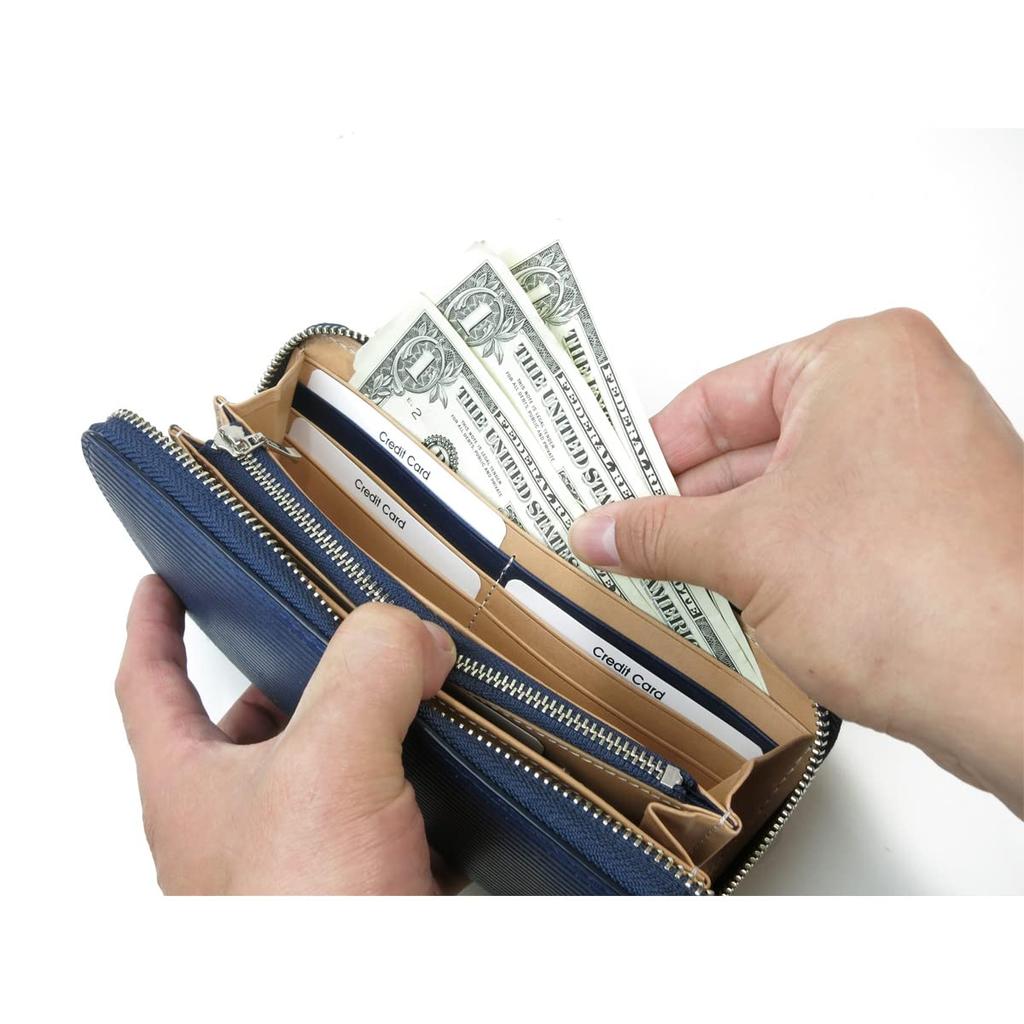 Baggy Port Long Zip-Around Wallet in Indigo-Dyed Leather with Straight Embossed Pattern, Men's, Women's, Unisex, ZYS-297 (Dark Blue)