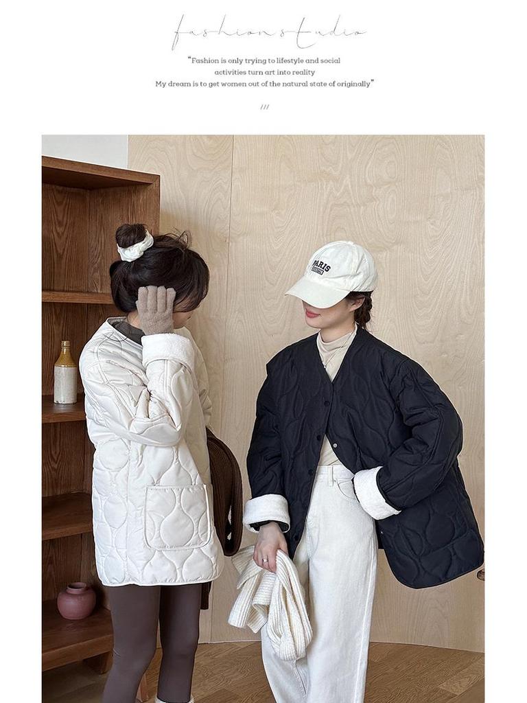 Bomullsjacka för dam i koreansk stil med diamantmönster, kraglös - Kort, sömlös, lättviktig för höst & vinter