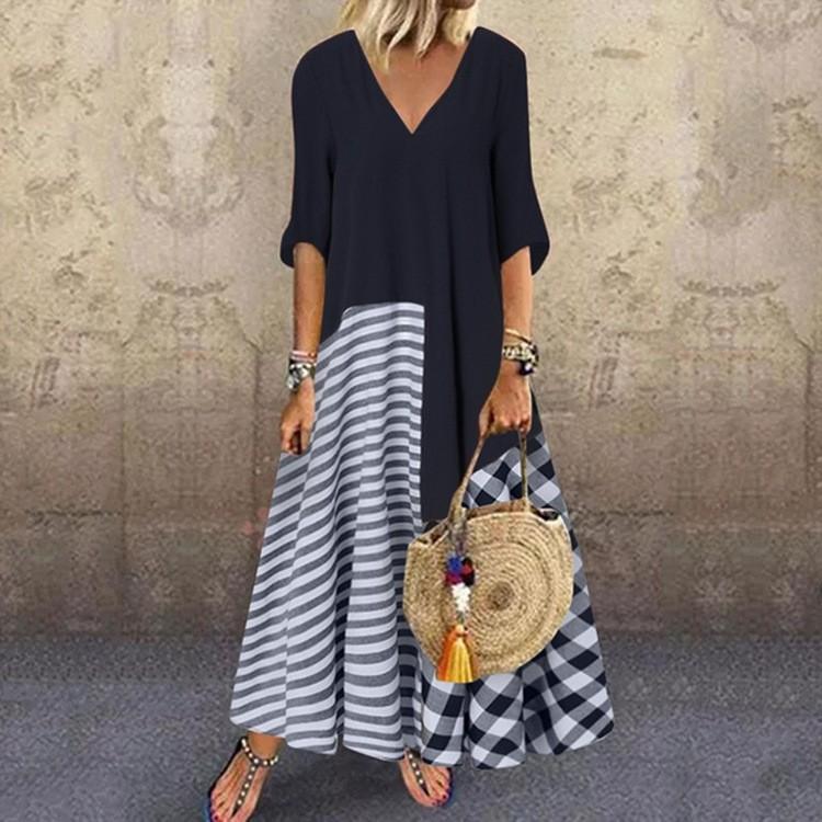 

Fashion Women s V Neck Short Sleeve Check Print Dress Long Casual Dress S
