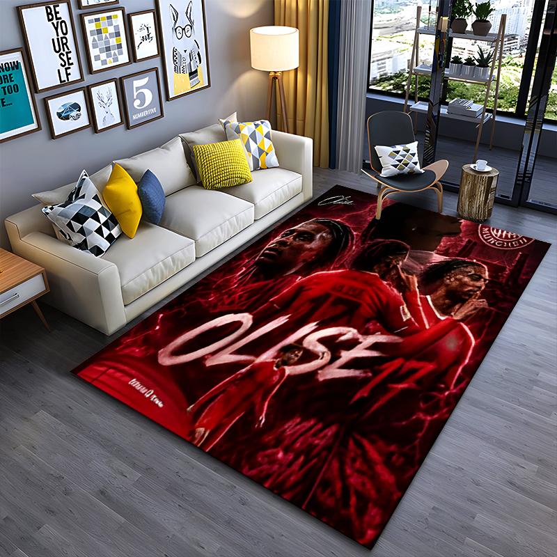 Soccer Star Area Rug, Michael Olise Bayern 17 Red Celebration Collage Signature Print, Football Fan Decor, Non-Slip Mat