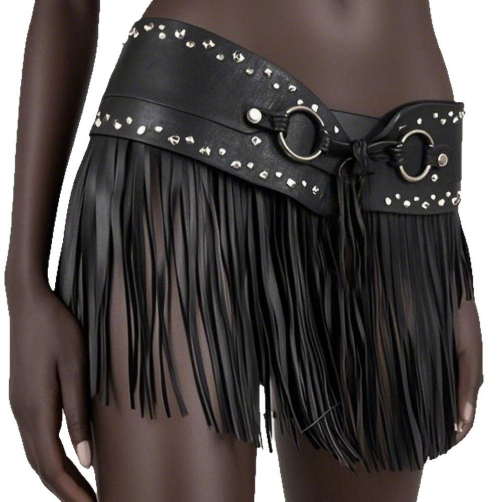 Black Skirt Decoration Punk Style Pu Tassel Waistbands Trendy Rrivet Belt  Female/Girls
