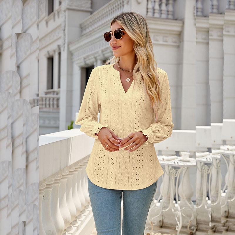 Zomer Dames Tops Lange Mouw Effen Kleur Uitgesneden Geplooide Lotusblad Mouw Blouse V-hals Los T-shirt Top