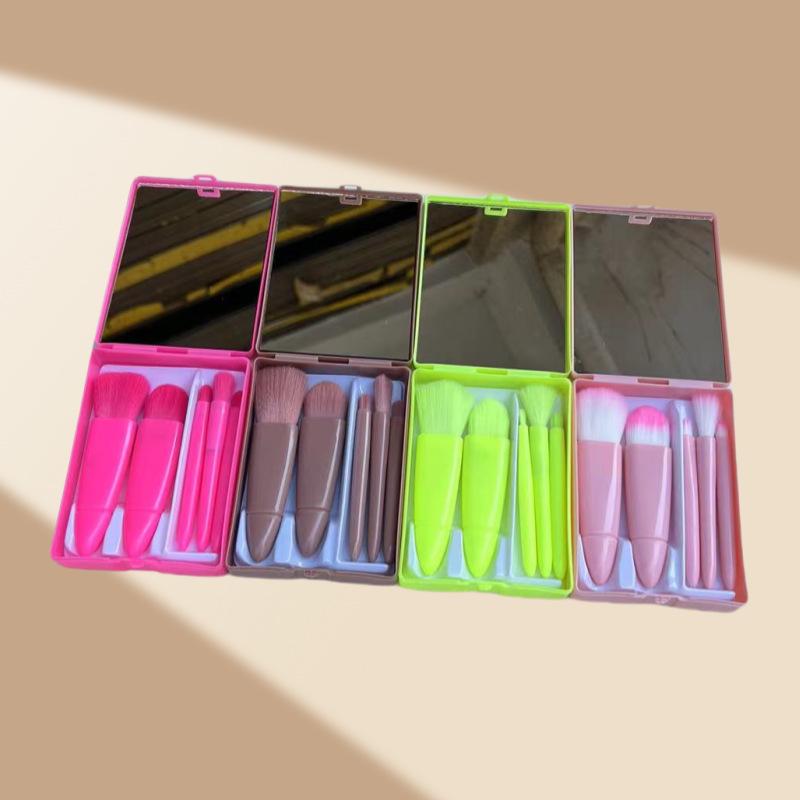 5-Piece Portable Makeup Brush Set with Mirror: Includes Eyeshadow, Loose Powder, Blush, and Concealer Brushes