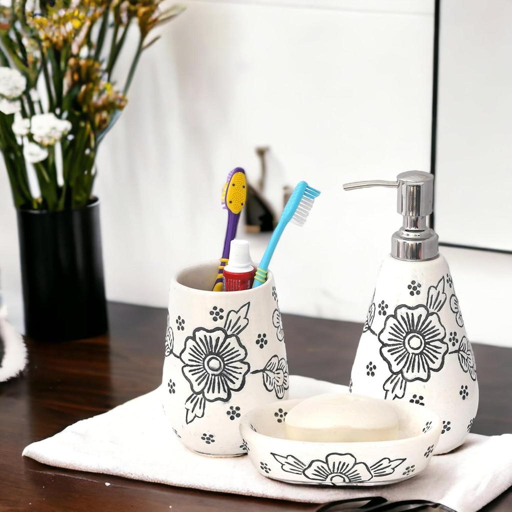 Premium Ceramic Bathroom Accessories Set of 3 | Modern Luxury Bath Set with 300ml Soap Dispenser, Toothbrush Holder & Soap Dish | Home Decor Items