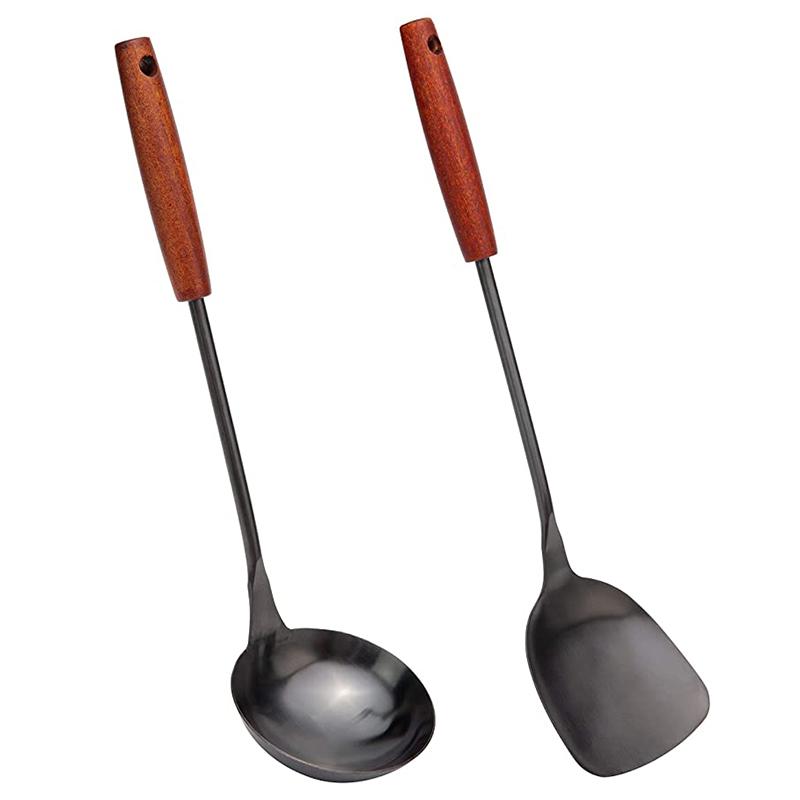 Edelstahl Wender Suppenlöffel, Wokspatel Schöpfkelle mit Holzgriff - Kochutensilien