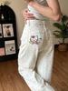 Off-White Cartoon Cat & Floral Print Denim Jeans for Women - High Waist, Straight Wide Leg.