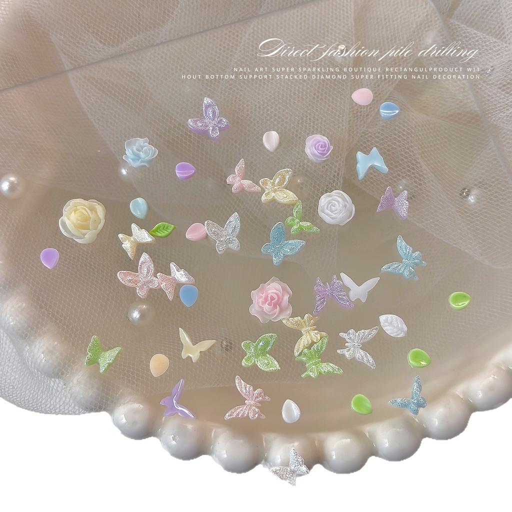 New Sparkling Butterfly Nail Accessories Mixed With Dopamine Camellia Pearl Petals DIY