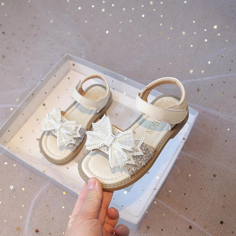 

Girls Sandals with Bow-knot Princess Kids Glitter with Sequined Rhinestone Open Toes Fashion Sweet Chic for Wedding Party Shoes 23 абрикосовый