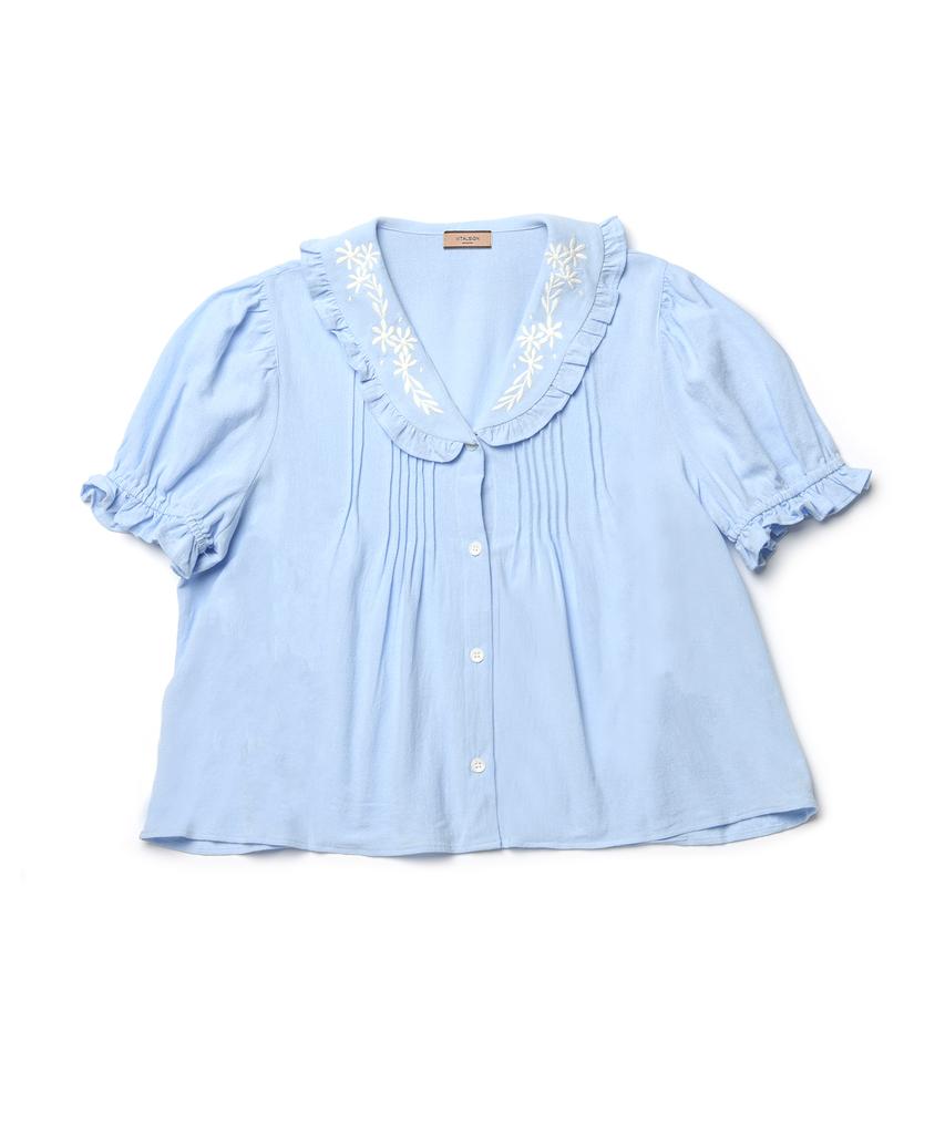 Baitalssain Embroidered Pintuck Puff Blouse (Lightblue)