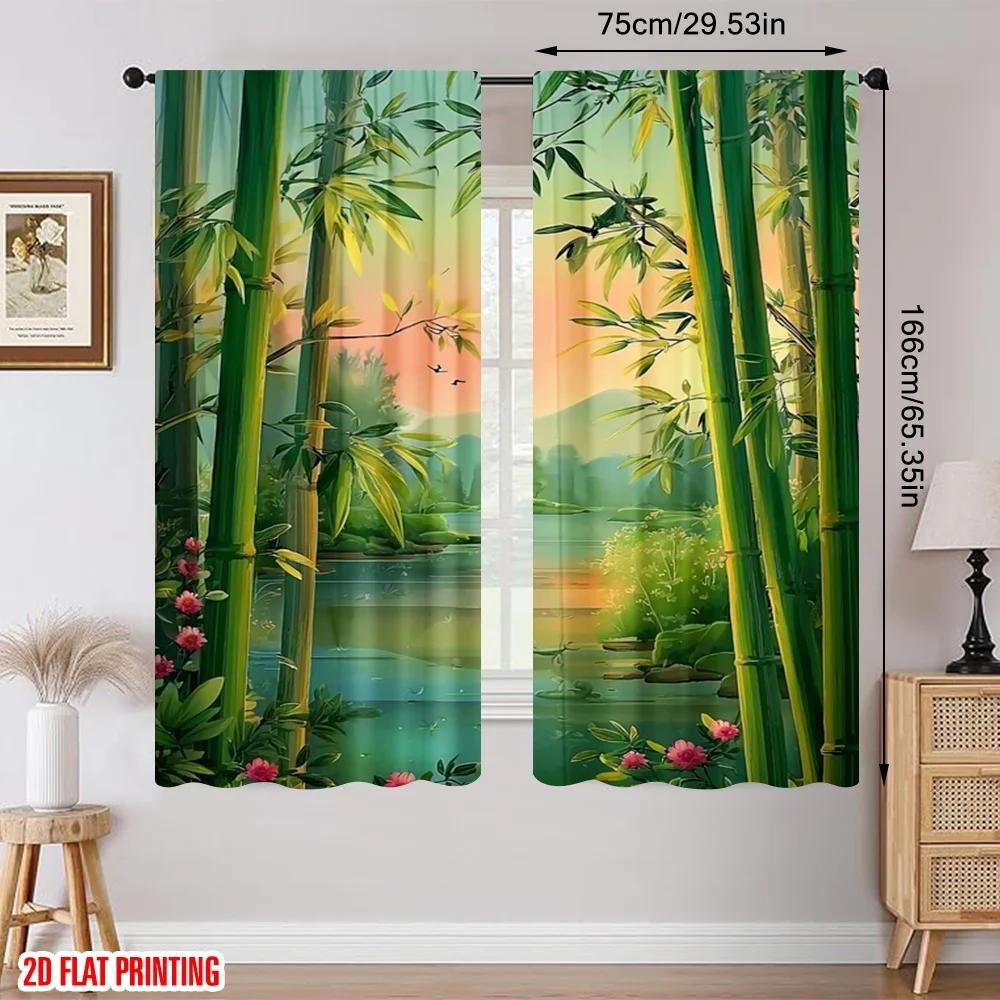 2pcs Bamboo Floral Scenic Printed Curtains, Designed for Light Filtering, Quality Material, Ideal for Zen