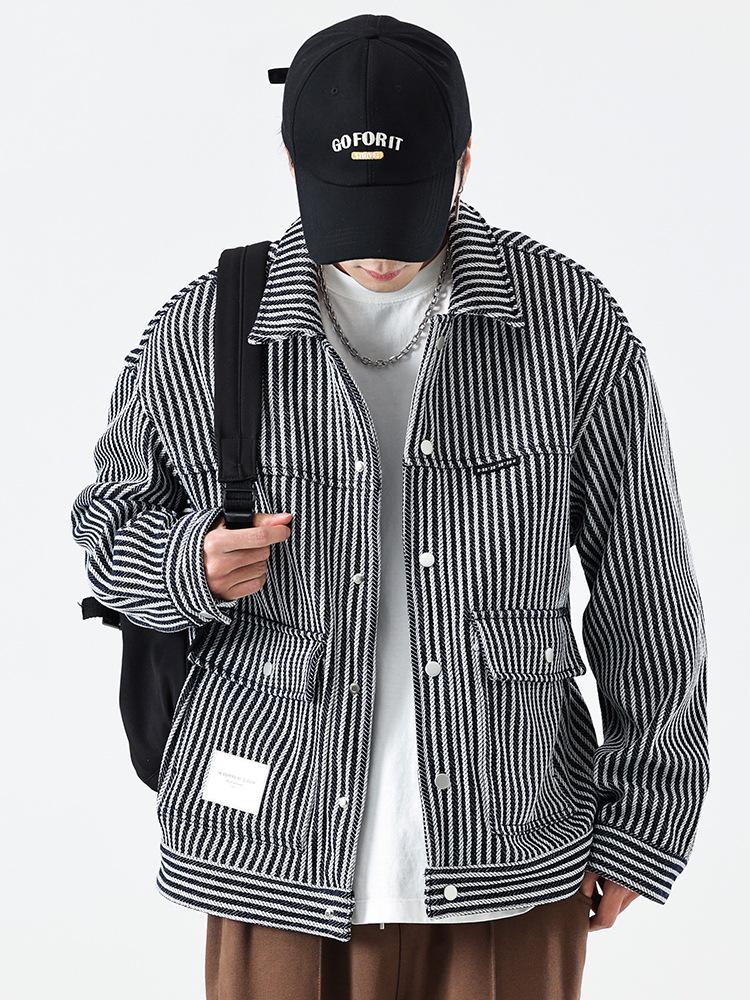 Tooling Jacket Jacket Men'S Trendy Brand Loose Large Size Japanese Twist Striped Ruffian Handsome Denim