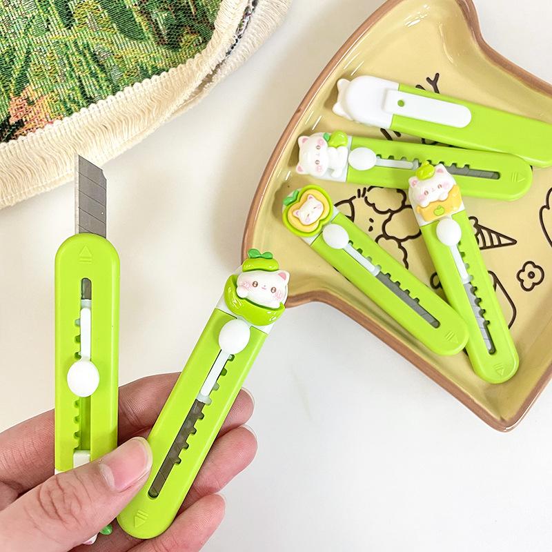 Cute Green Apple Cat Utility Knife Retractable Knife Paper Box Cutter Portable Express Package Knife Student Paper Cutter