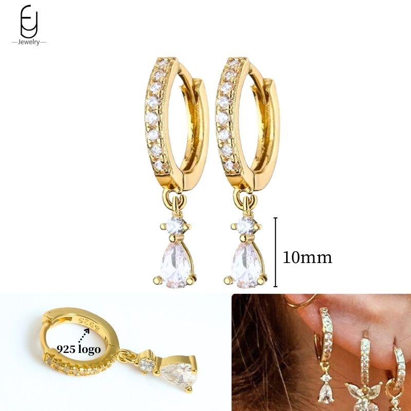 925 Silver Ear Needle White Crystal Gold Earrings for Women Luxury Water drop/Heart/Flower Pendant Earring Fine Jewelry
