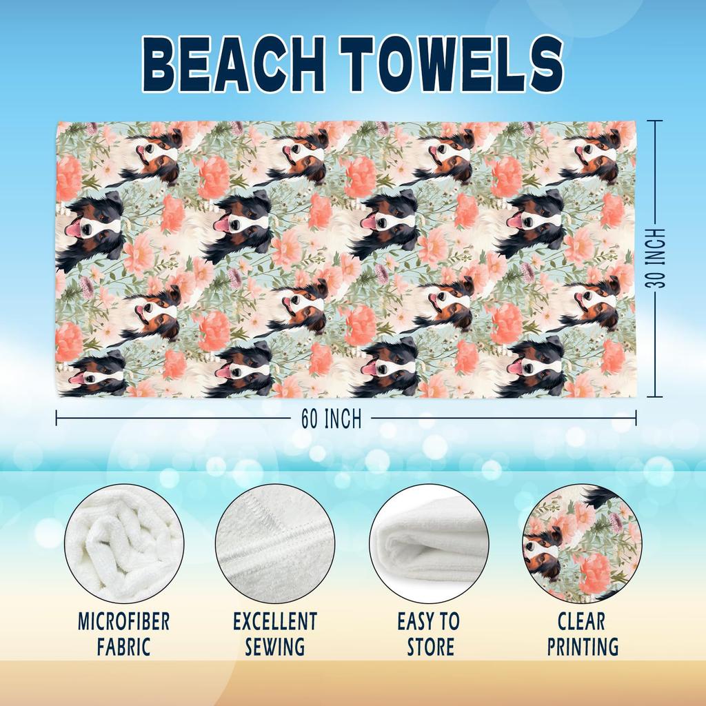 Cute Dog Flower Seaside Vacation Beach Towel Swimming Bath Towel Sports Fitness Towel