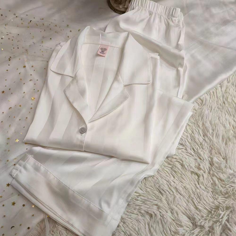 Women Four Seasons Pajamas Two-Piece Set Long-Sleeved Long-Pants Ice Silk Young Girl Large Size Striped Casual Simple Homewear