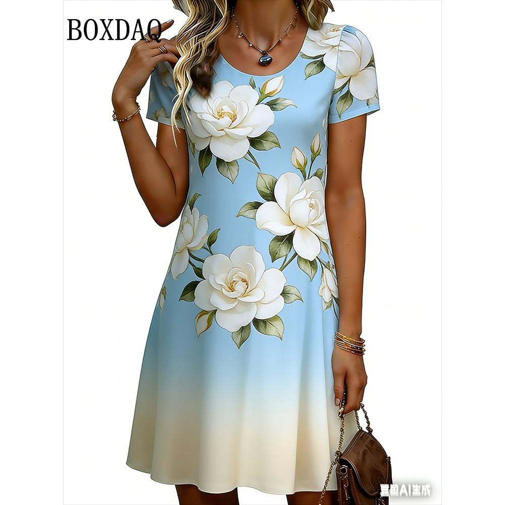 Women's Mini Dress Summer Fashion Gradient Floral Graphic Short Sleeve Dress Casual Round Neck Flower Printed Loose Female Dress