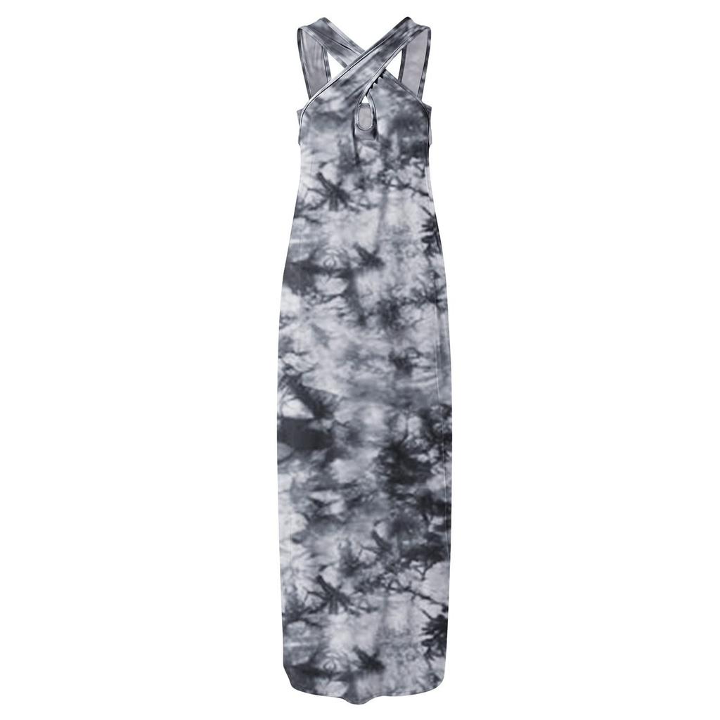 Fashion Women Casual Cross Neck Loose Print Pocket Long Dress Sleeveless Open Dress