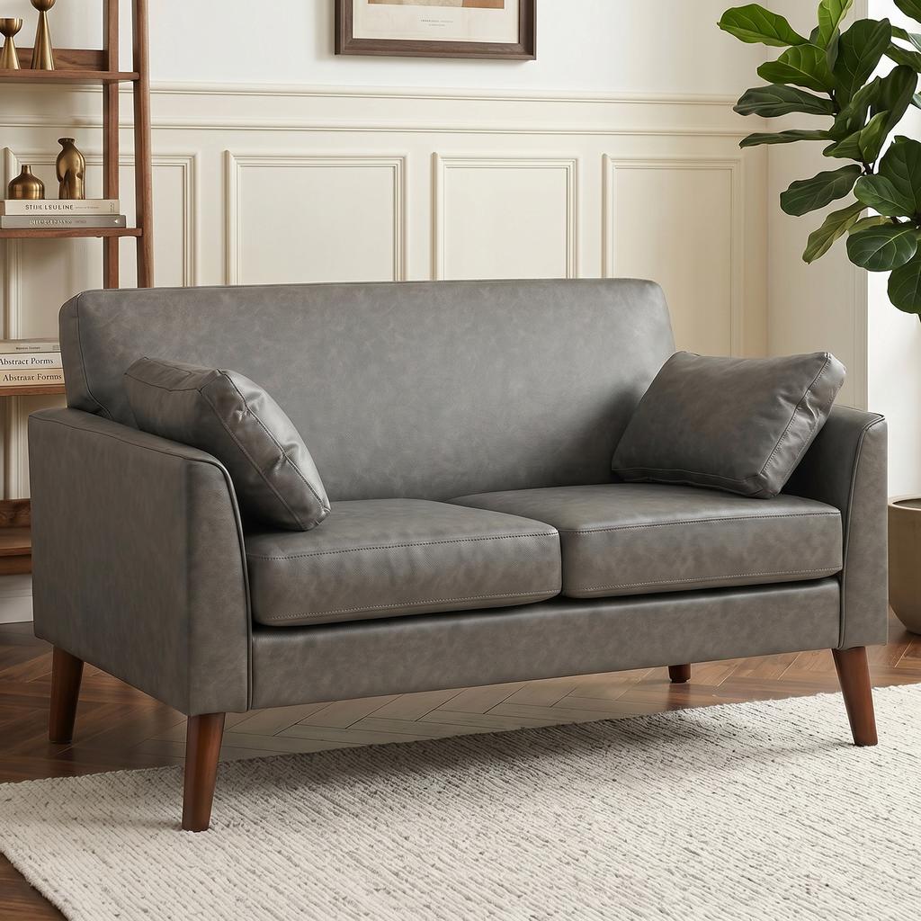2 Seater Sofa 132 Cm Modern Small Sofa With Solid Wood Legs And 2 Pillows For Small Space Grey