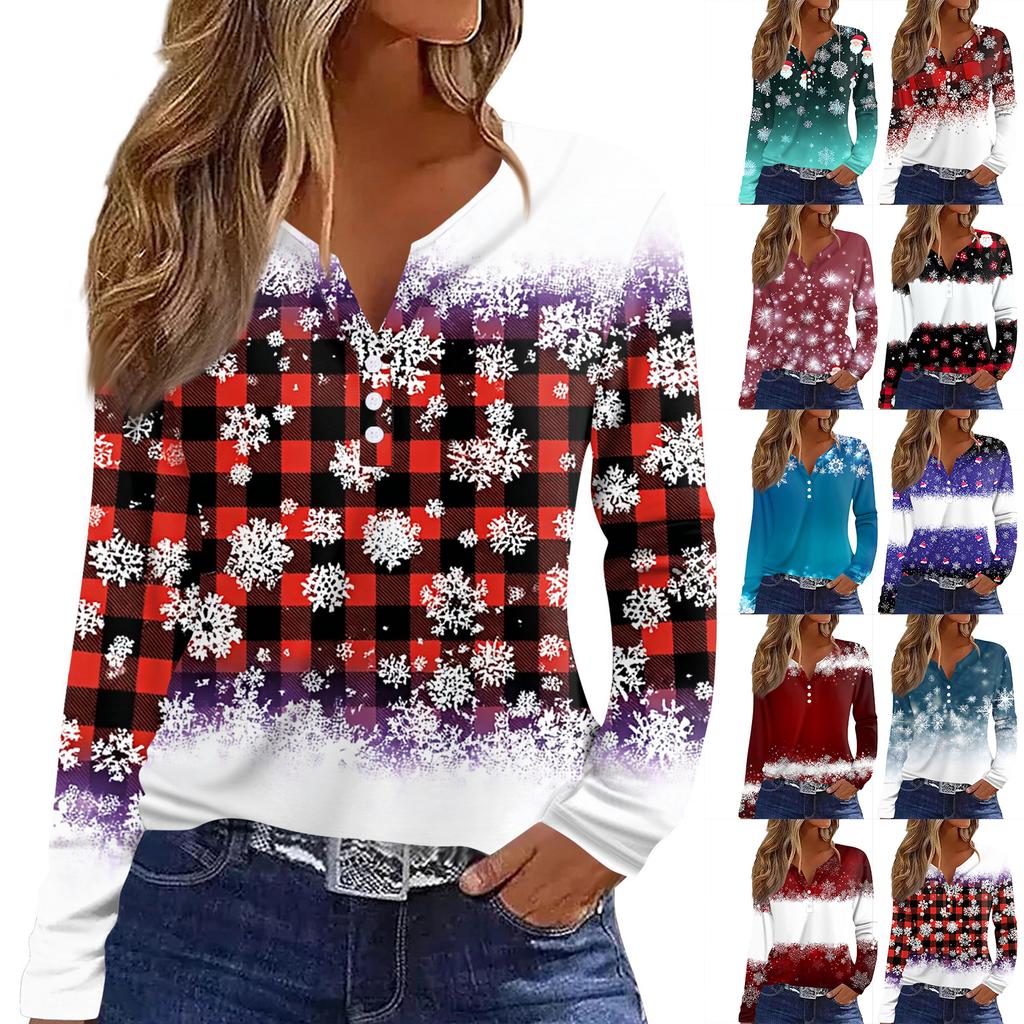 Women's T Shirt Tee Christmas Printed Button Long Sleeve Tunic Daily Weekend Fashion Basic V- Neck Regular Top