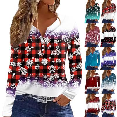 Damen T-Shirt Tee Weihnachten Bedruckt Knopf Langarm Tunika Täglich Wochenende Mode Basic V-Ausschnitt Reguläres Oberteil