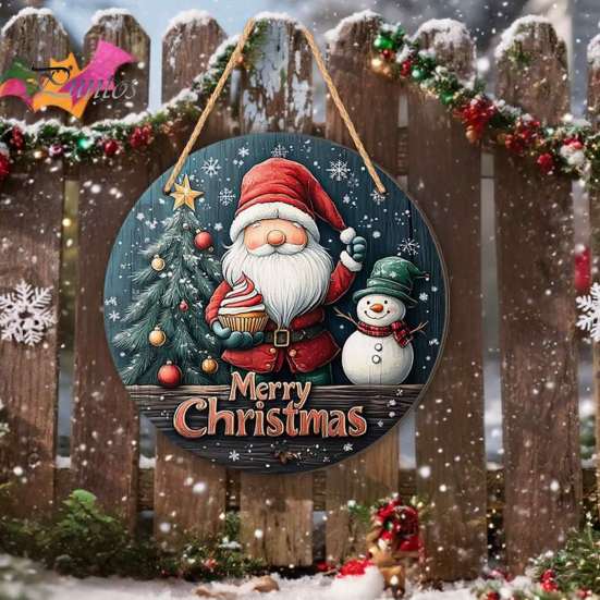 Rustic Christmas Wall Decor Wooden Round Hanging Sign, Santa Claus Highland Cow Winter Theme Farmhouse Ornament Door Decor, Holiday Welcome for Indoor