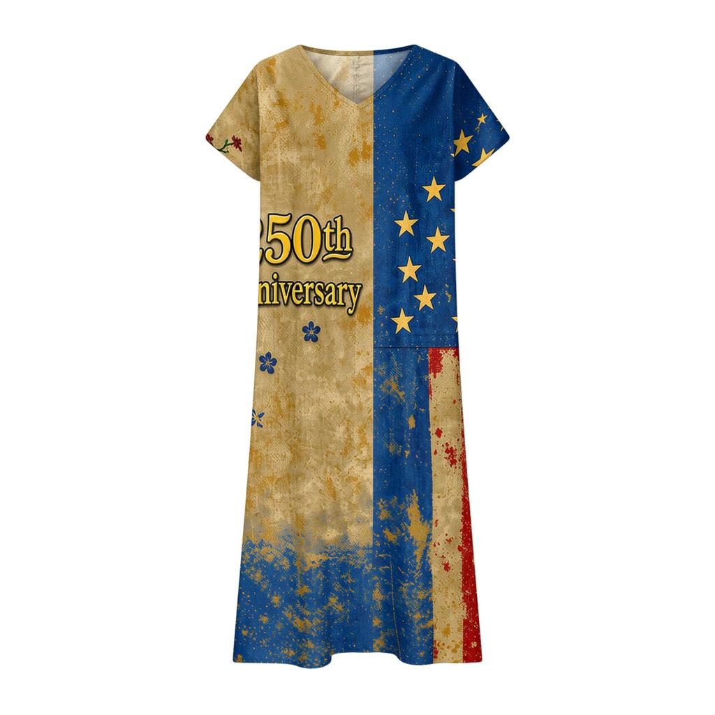 Damen Maxikleid mit V-Ausschnitt und kurzen Ärmeln mit 1776 Amerika-Print, Farbverlauf-Saum und Blumengrafik, Lässig, Lockerer Schnitt