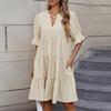 Women's Fashion Casual Slim Middle Sleeve V-Neck Ruffle Dresses