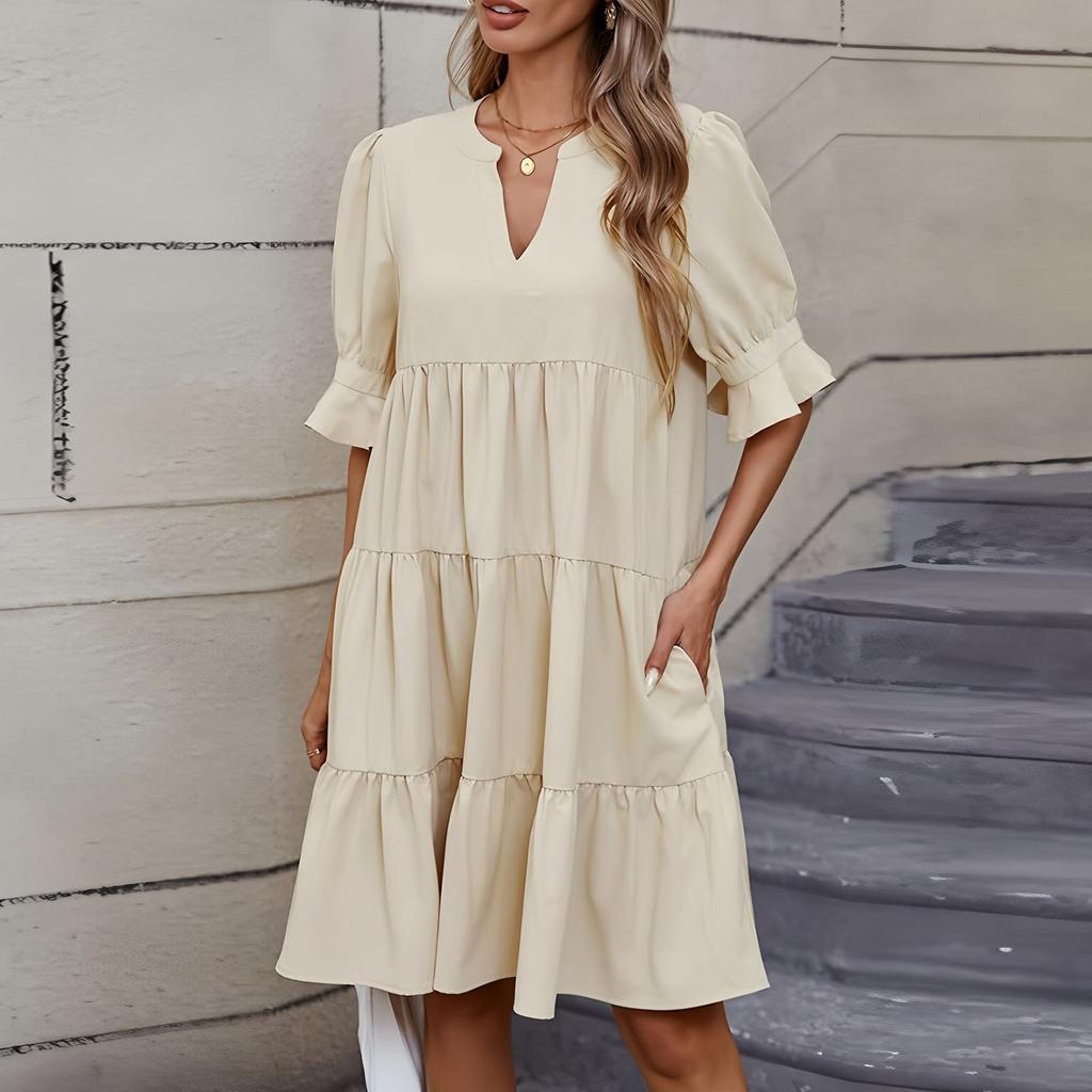 Women's Fashion Casual Slim Middle Sleeve V-Neck Ruffle Dresses