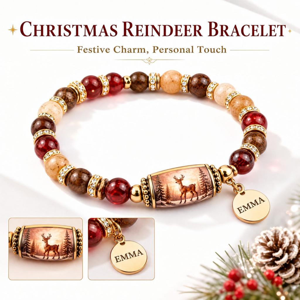Personalized Custom Engraved Christmas Theme Bracelet with and Natural, Holiday Jewelry Gift