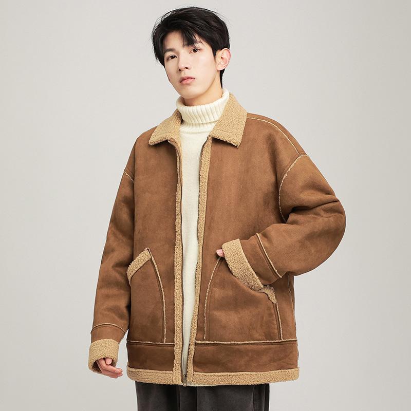 Premium Casual Versatile Lamb Wool Jacket Men's Thickened Fur Integrated Locomotive Autumn and Winter Lapel Suede Cotton-padded Jacket