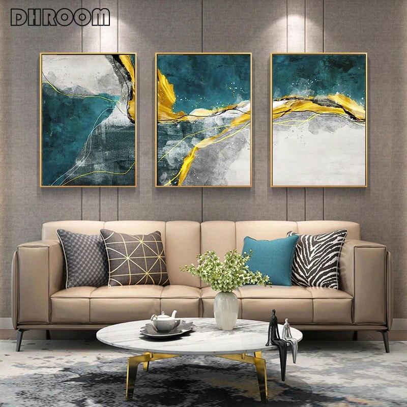 Abstract Golden Horizons Wall Art Green Blue Art Poster Canvas Frames