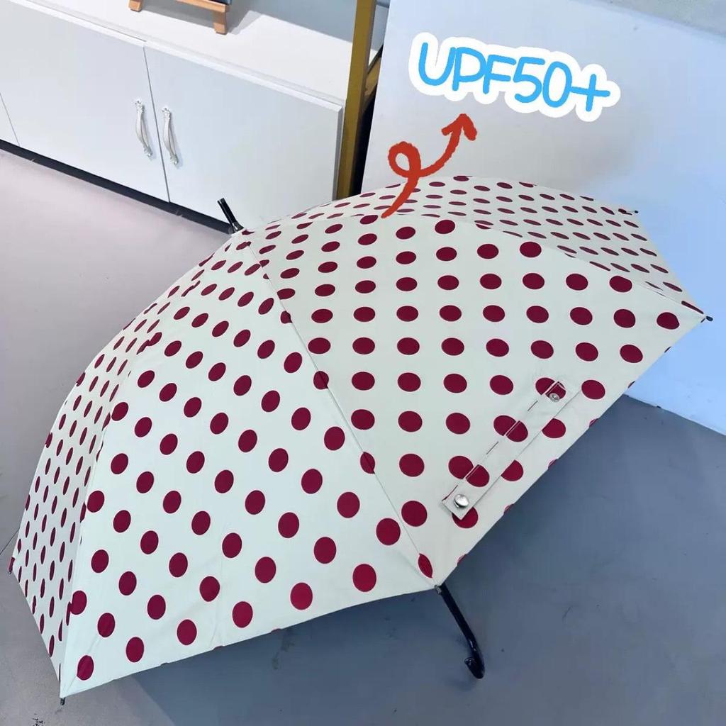 Korean Style Red Polka Dot Automatic Sun & Rain Umbrella – Windproof, Sun-Protective, 8 Ribs, Long Handle.