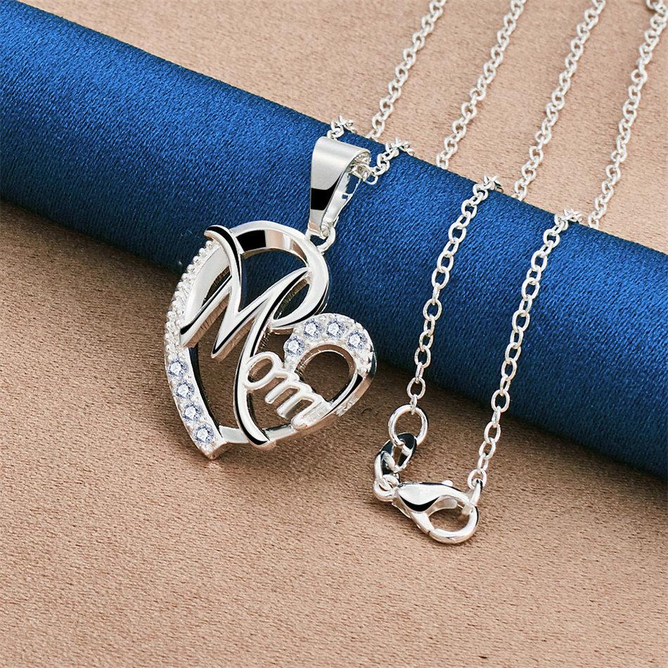 925 Sterling Silver 16-30 Inch Heart-shaped MOM Zircon Pendant Necklace, Women's Charm, Wedding Jewelry, Gift Accessories