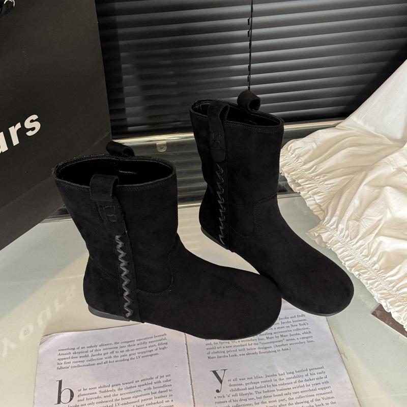 New Boots Retro Wide Tube Leather Thick Heel Medium Tube Western Knight Short Boots Women's Autumn and Winter Martin Boots Fashion Boots