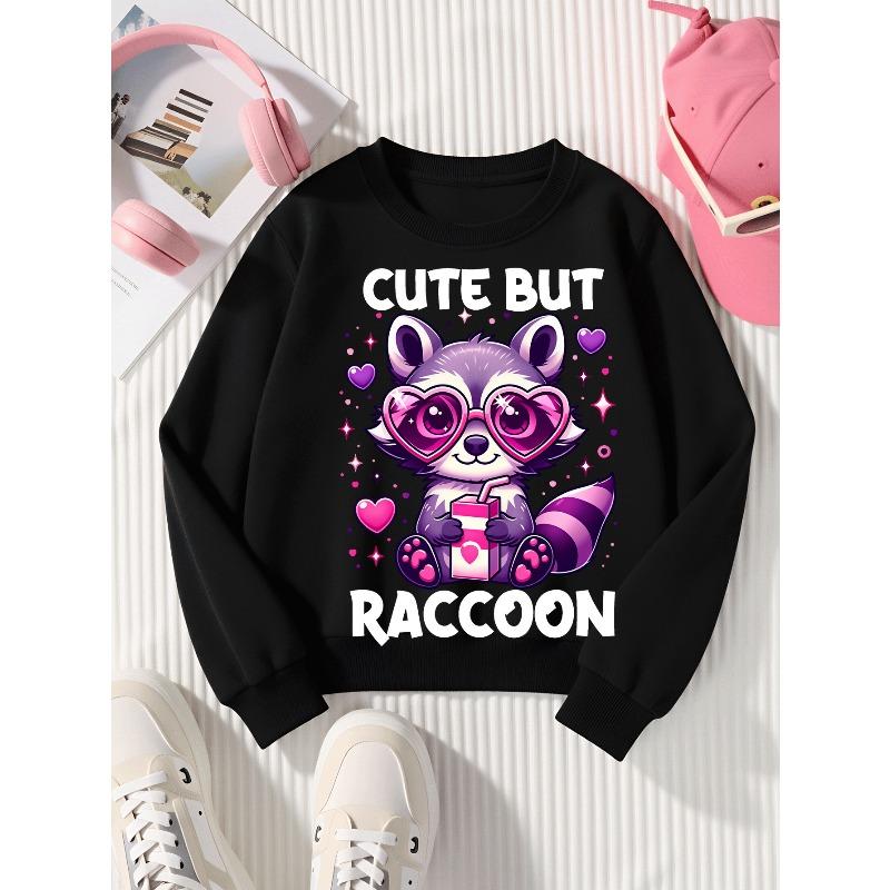 Kids Sweatshirt,Crew Neck Fashion Top, Fun "Cute Raccoon Heart Glasses" Patterned Sweatshirt, for Everyday Casual Wear, for All Kinds of Daily Outfits
