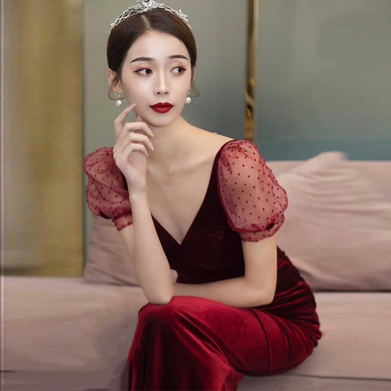 Fishtail Toast Bride 1011 New Summer Velvet Burgundy Wedding Sexy Evening Dress Dress Slim Temperament