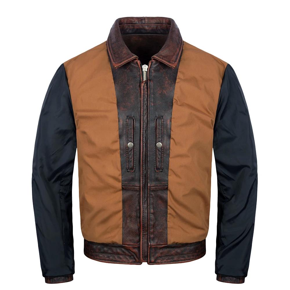 Men's Leather Jacket Vintage Red Brown Real Cow Leather CoatTurn Down Collar Spring Autumn
