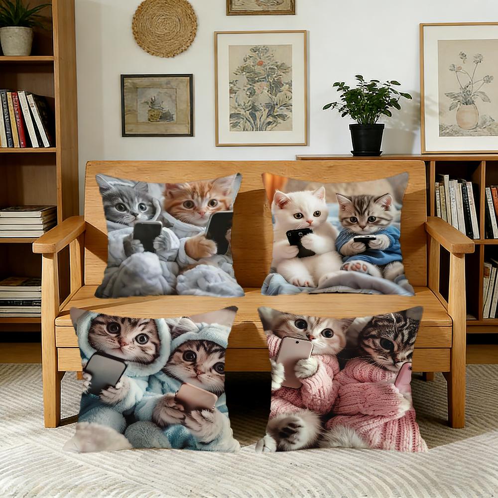 Jessica Chen Unisex Cute Cat Holding Phone Cushion Cover For Pillow Printing Sofa Decoration Home Car Room Coffee Shop Office Nordic Simplicity