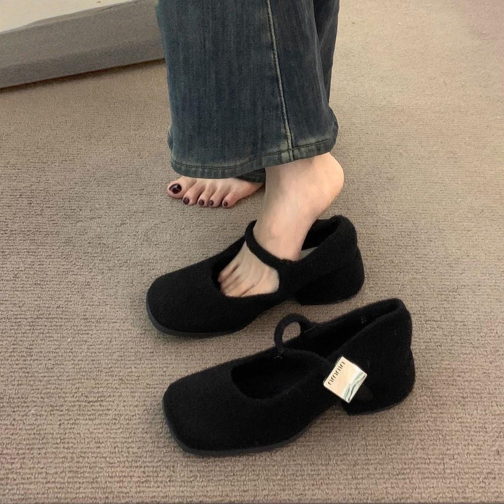 Premium high-heeled brown single shoes women's shoes autumn and winter retro velvet evening commute thick-heeled grandma shoes