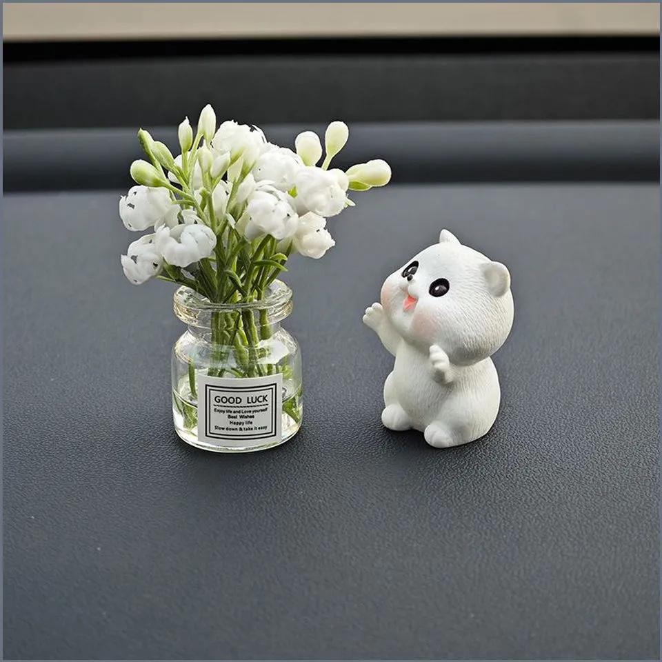 Mini Car Vase and Small Animal Figurine Set Resin Decorative Micro Landscape Ornament for Dashboard Interior Accessories