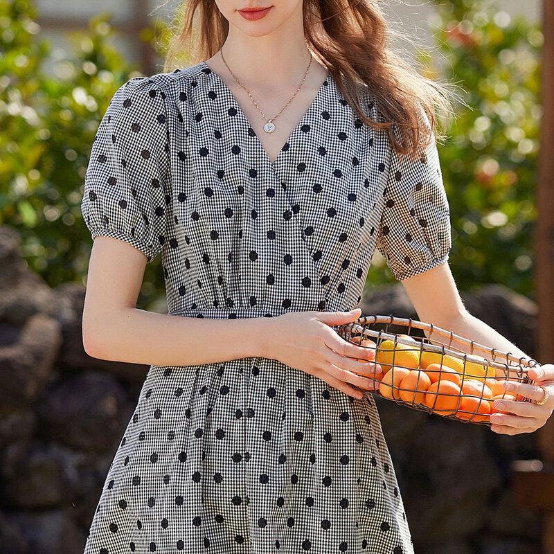 Bailuyu Women's V-Neck Polka Dot Puff Sleeve Long Dress