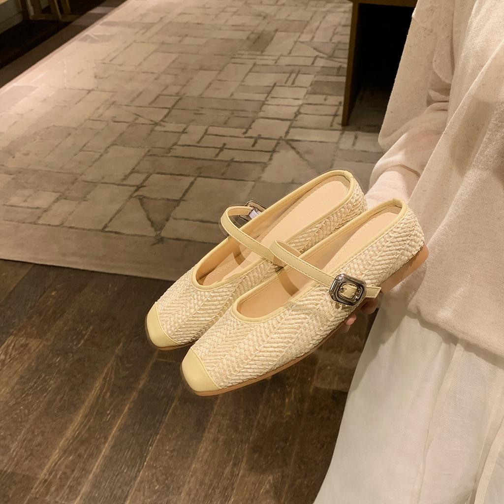 ~ Height increase of 5cm~ Holiday style straw woven square head sandals lazy half drag female summer
