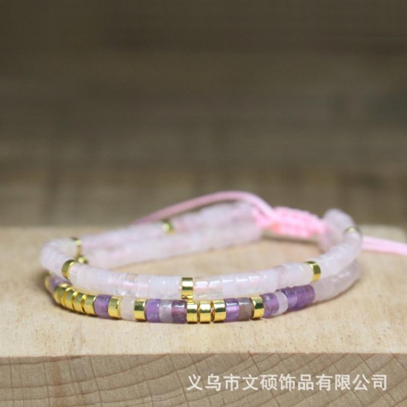 Rose Quartz Amethyst Heishi Bead Bracelet Set – Gold Accent Adjustable Dainty Jewelry, Love Calm Gift for Women