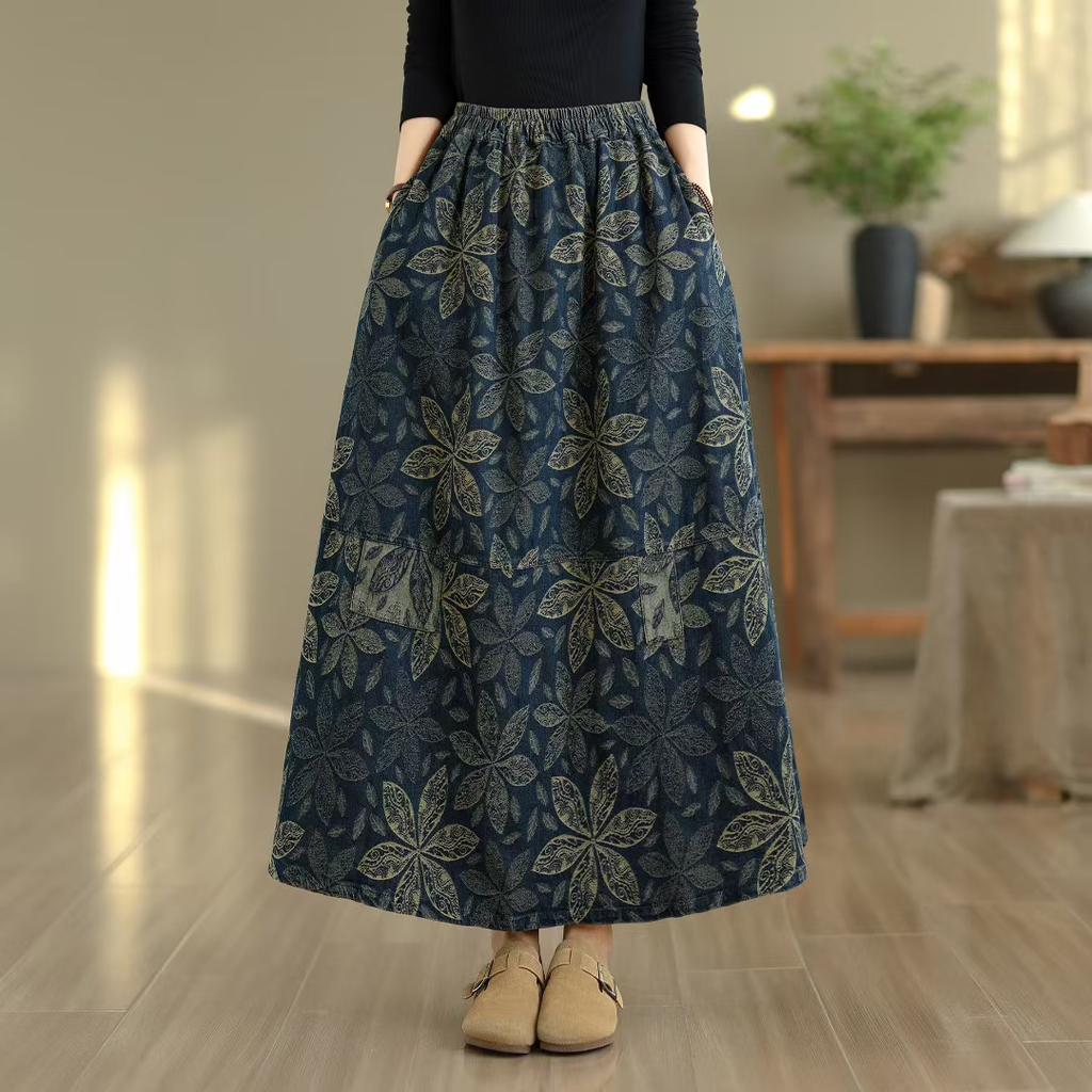 DIMANAF 2025 Summer Spliced Denim skirt Women New Skirts Elastic Elegant Flower Pleated Skirts High Waist