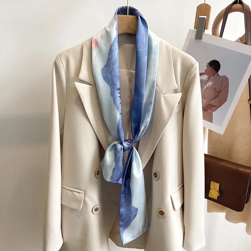Fashion New Small Silk Scarf Women Tie Bag Headband Flower Printing Hairband Korean Style Neckerchief Ribbon Luxury Brand