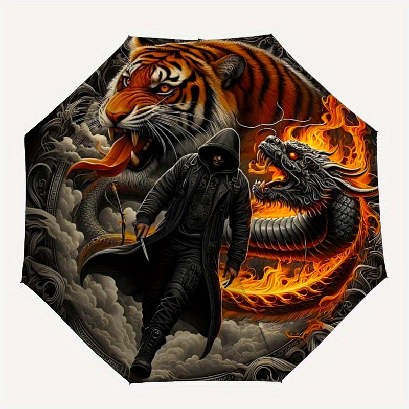 1pc Tiger and Dragon In Fiery Clouds Automatic Open/CloseUmbrella,Compact Umbrella for Men & Women Day Gift.N092