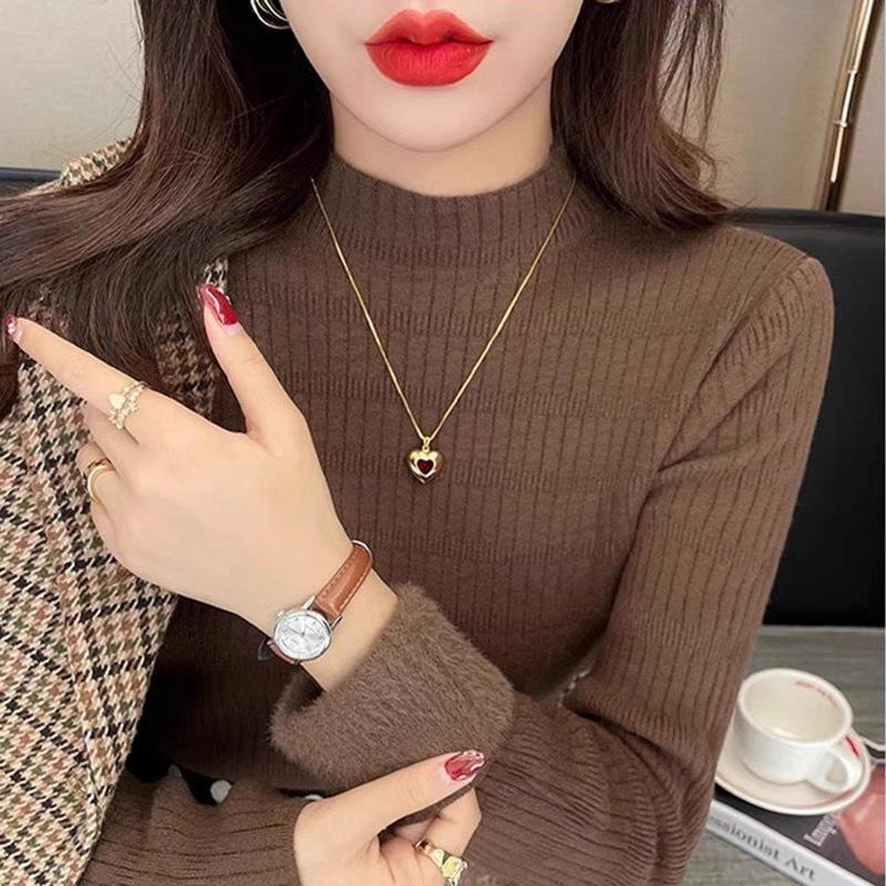 Women's Autumn Winter Fleece-Lined Thickened Half-High Neck Knit Long Sleeve Base Layer Sweater with Integrated Fleece Fabric